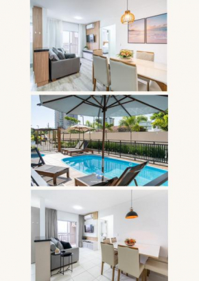 Apartamento 150m da PRAIA com SACADA, WI-FI AR CONDICIONADO, PISCINA, PORTARIA 24h, PLAYGROUND e vaga de GARAGEM